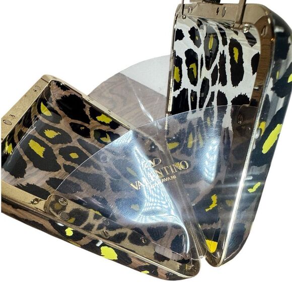 VALENTINO GARAVANI Black Yellow Leopard Print Acrylic Framed Clutch Chainlink - Picture 15 of 15